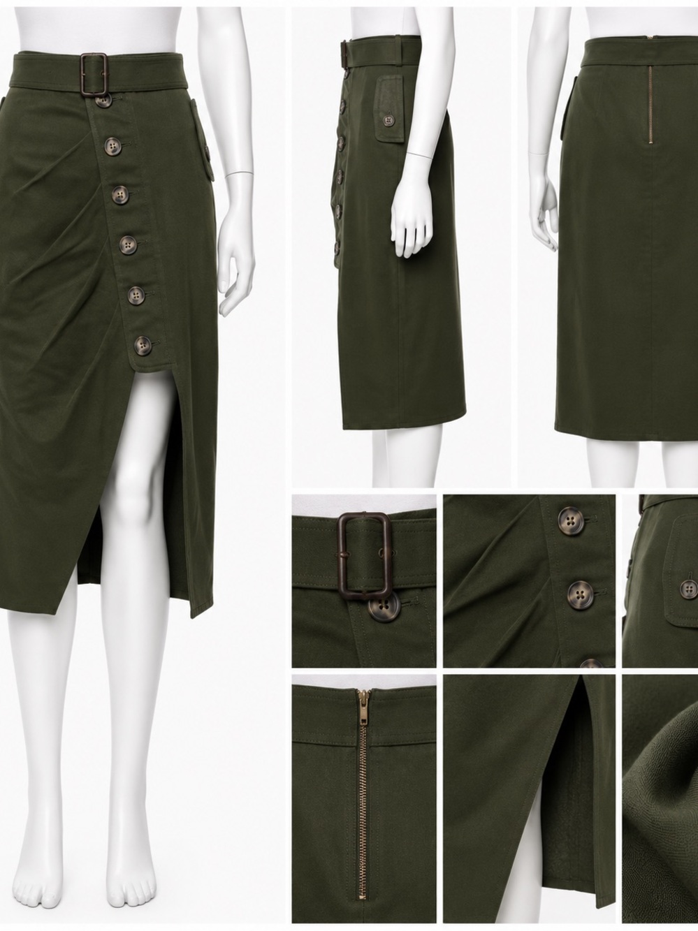 Self-Portrait Olive Green Belted Button Front Midi Skirt US 8